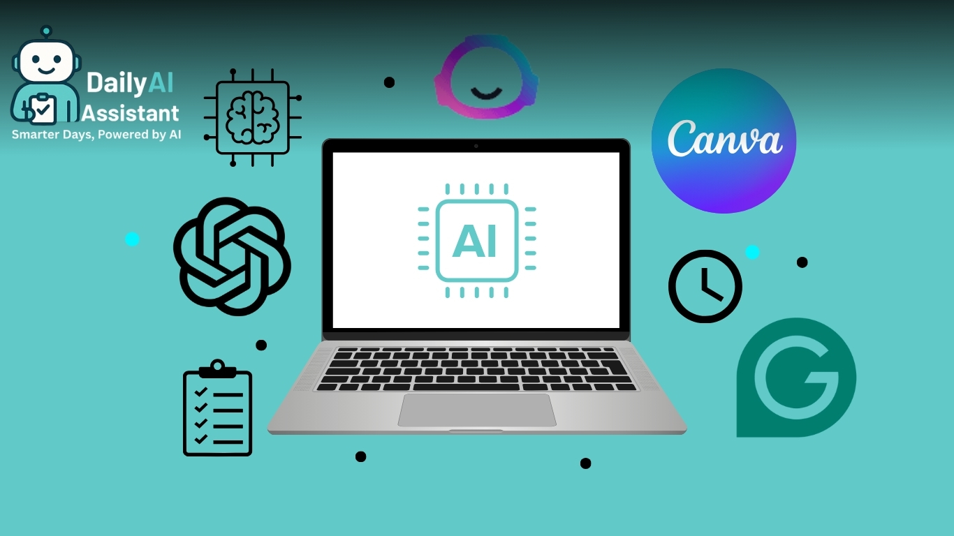 Illustration of a digital workspace showing icons of top AI tools like ChatGPT, Jasper, and Canva, with a clean and modern layout symbolizing productivity and time-saving technology.