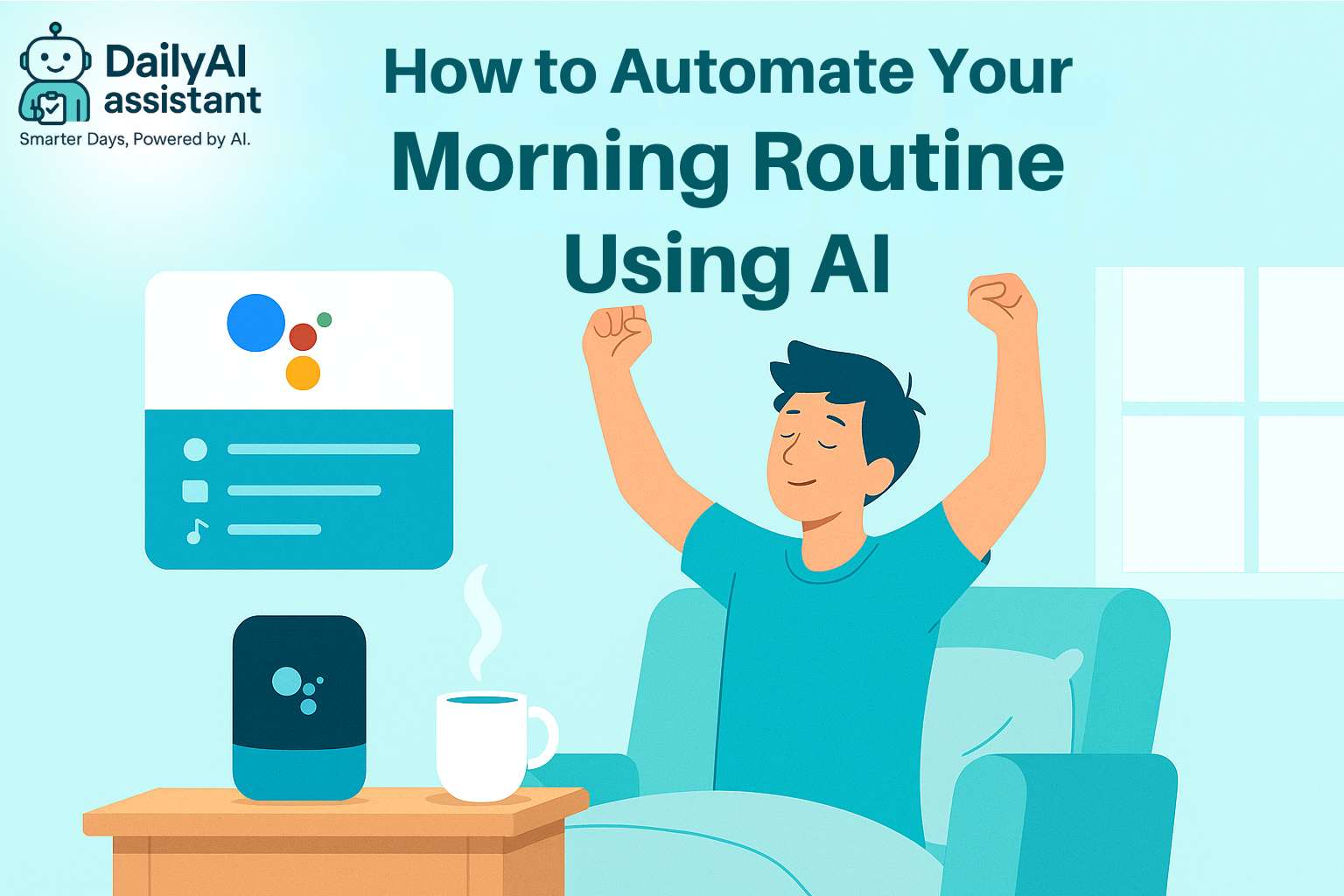 Illustration of AI tools automating morning routine tasks like alarm, calendar, coffee, and news updates.