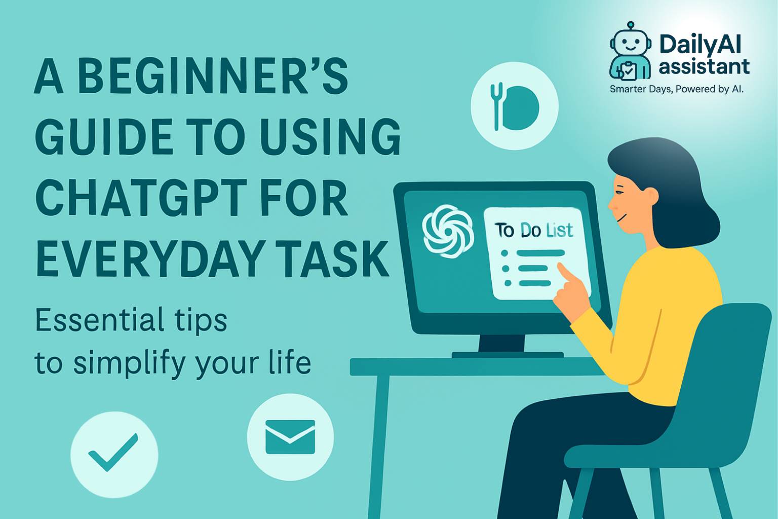 Illustration showing a friendly ChatGPT interface on a laptop, surrounded by icons representing tasks like writing, scheduling, and answering questions.