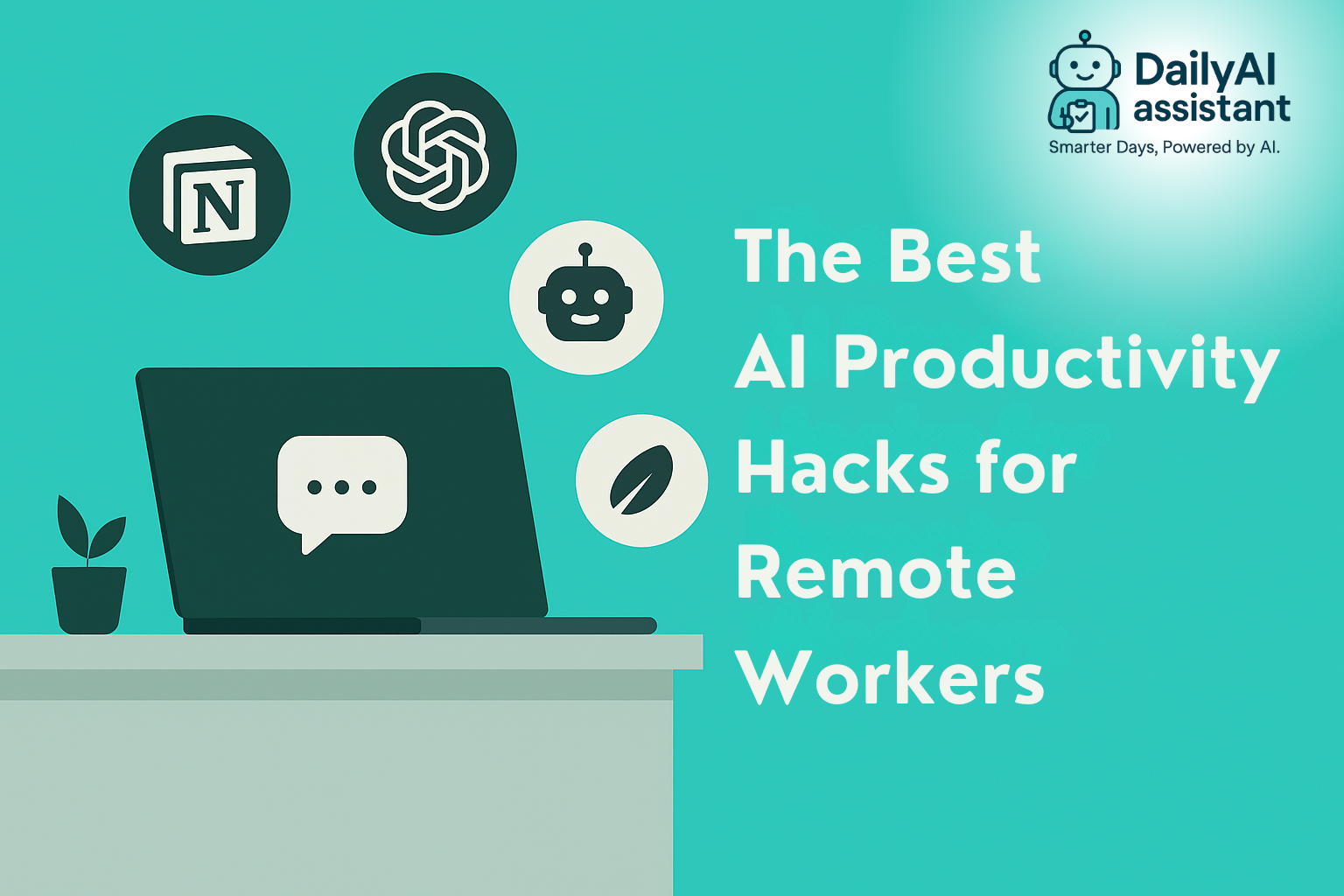 A digital illustration showing a remote worker at a desk surrounded by AI productivity tools like Notion, ChatGPT, Jasper, and time management apps.